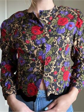80s Floral Print blouse shoulder pads - Black with Red & Purple Flowers